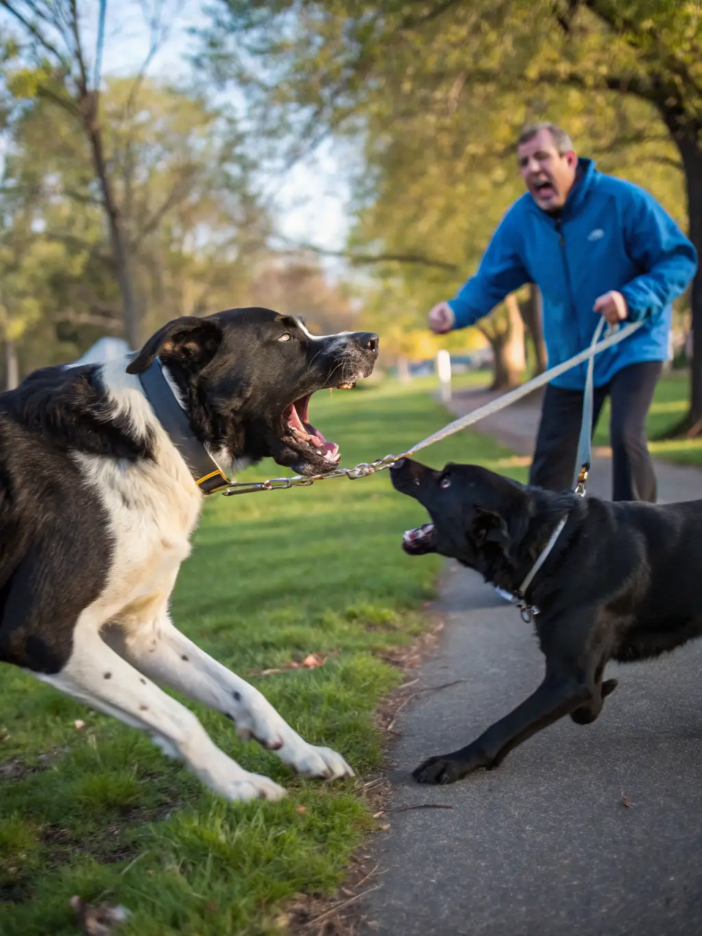 A dog reacting aggressively towards another dog during a walk, highlighting the problem of reactivity that Dog Behaviour Specialist can manage.
