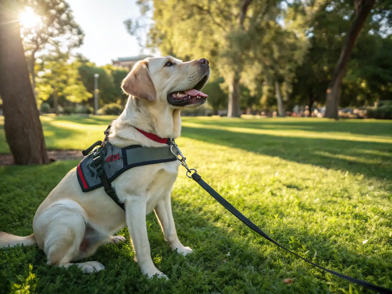 A happy Labrador walks calmly on a leash next to its owner on a city street, showcasing the results of successful leash training and improved walking behavior.