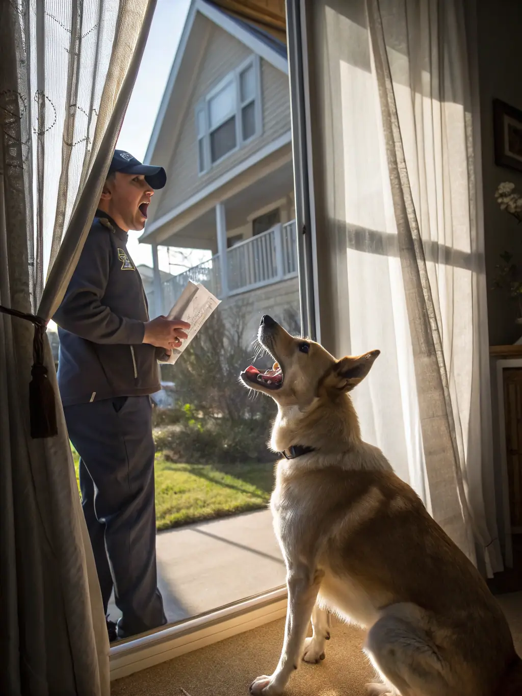 A dog barking excessively at the window, showcasing a common issue of territorial barking that Dog Behaviour Specialist can address.