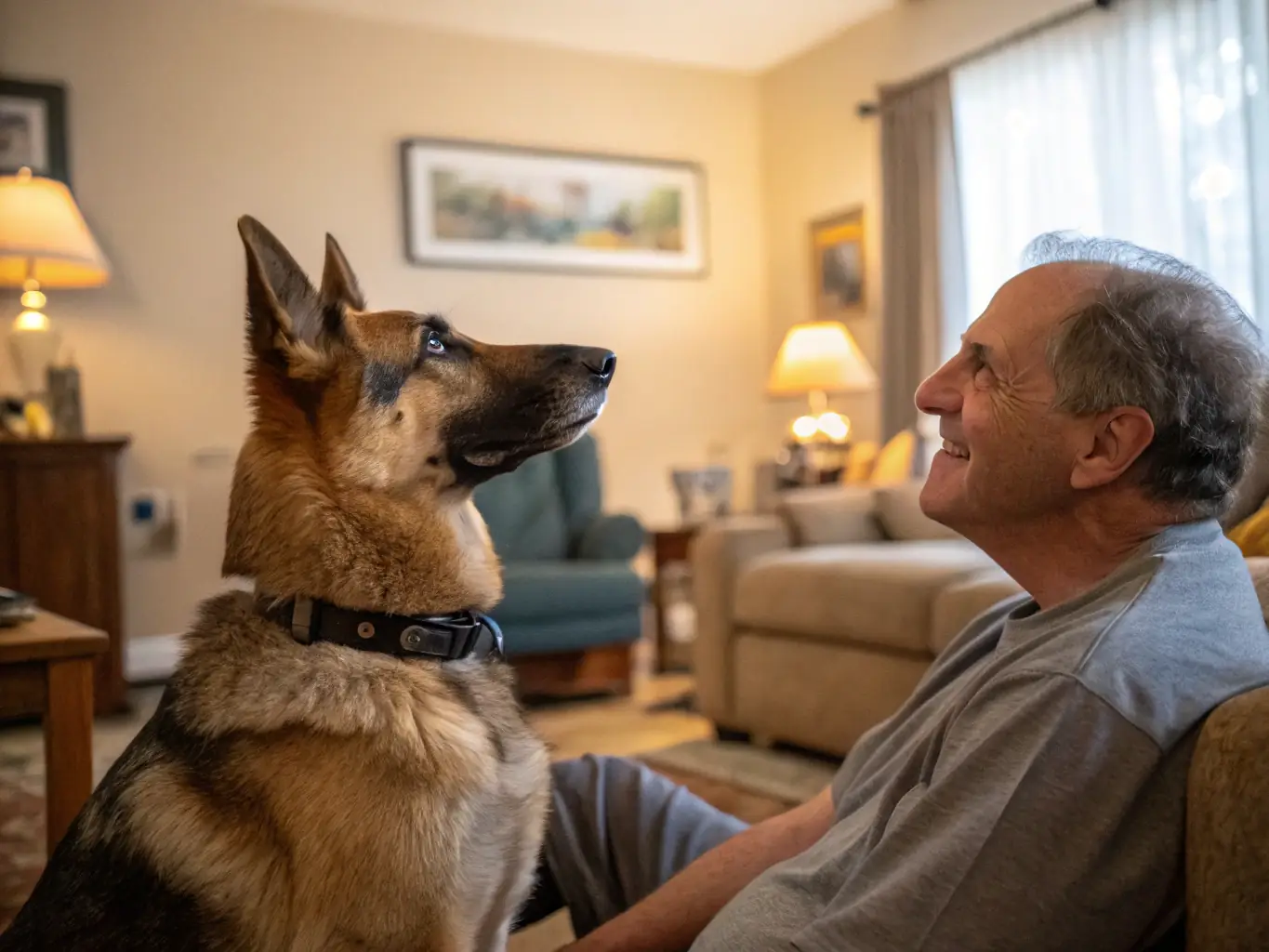 A serene image of a dog calmly sitting next to its owner during a behavior consultation session in a cozy, well-lit room. The dog is relaxed, and the owner is attentively listening to the behaviorist.