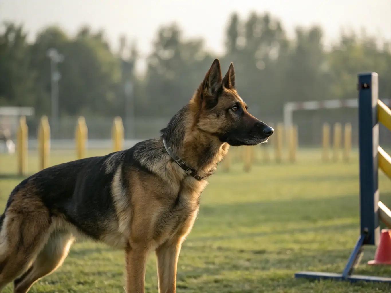 A focused German Shepherd is shown attentively listening to its owner during an outdoor training session, illustrating effective communication and control in managing reactivity.