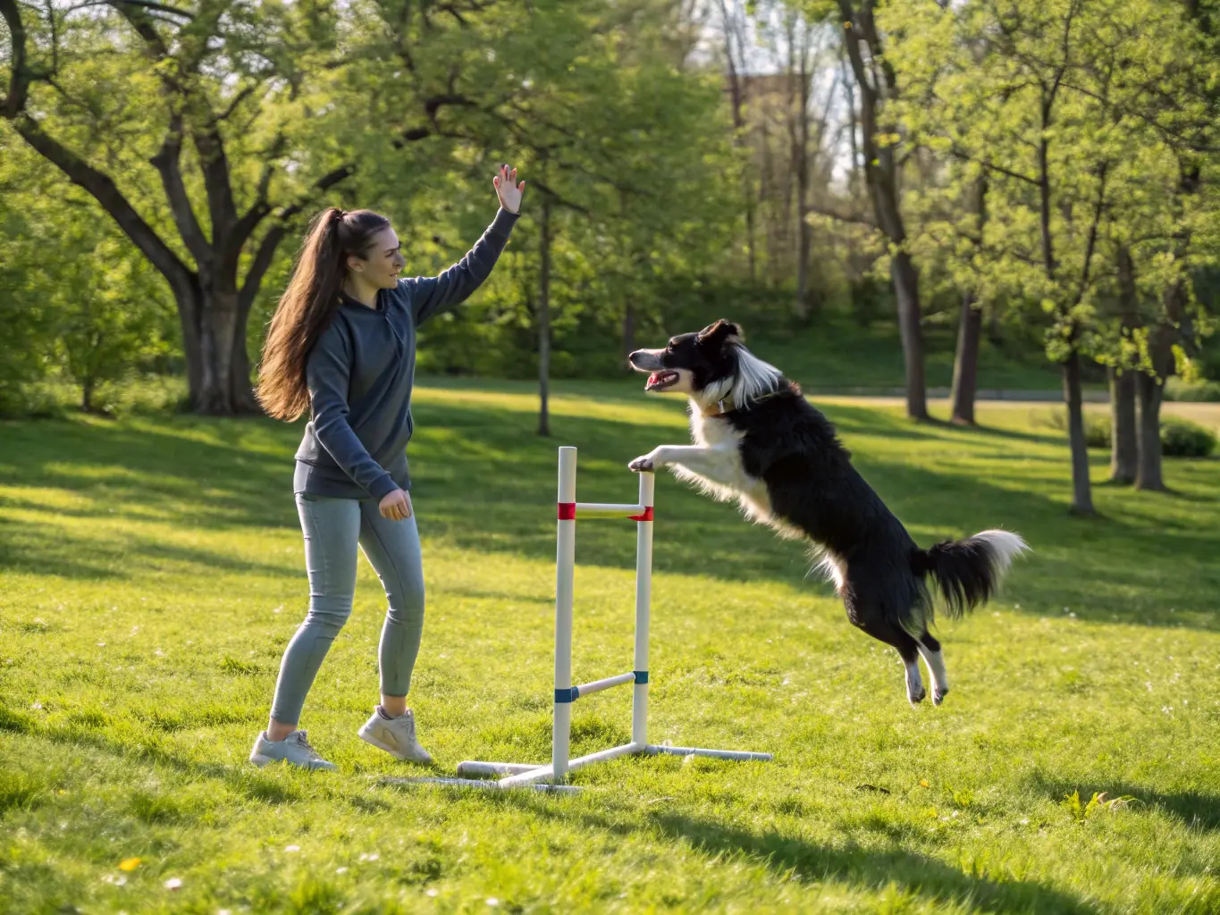 A dynamic image of a dog participating in a training program, successfully navigating an obstacle course with guidance from the behaviorist. The dog is focused and engaged.