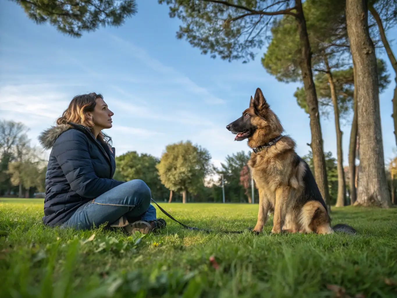 A serene golden retriever sits calmly beside its owner in a park, both looking relaxed and happy, symbolizing successful resolution of anxiety issues through behaviorist intervention.