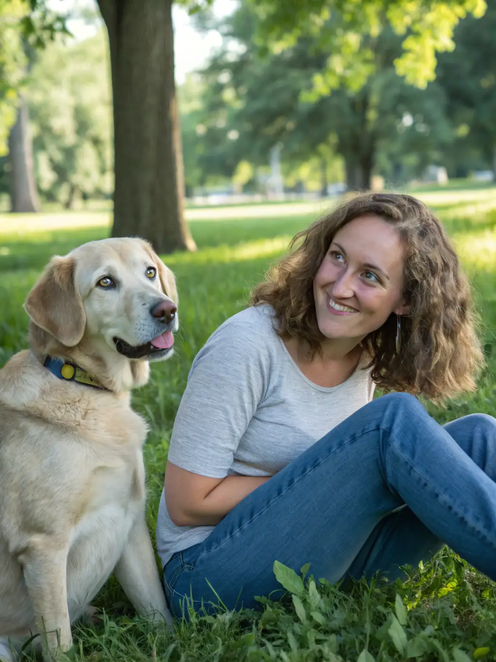 A friendly dog behaviourist engaging with a dog during a consultation in a park setting.