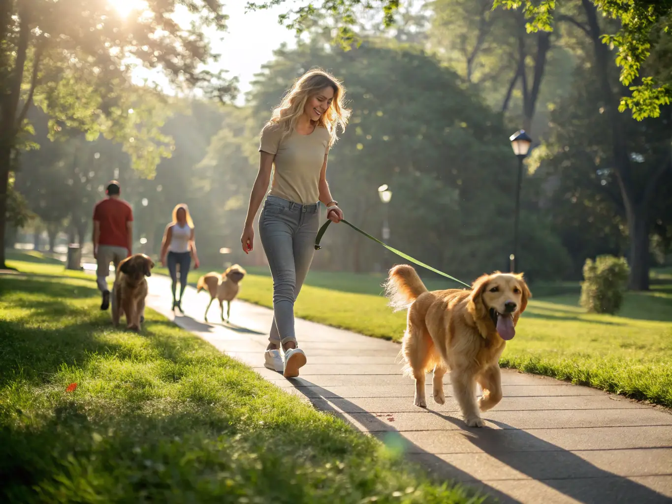 A heartwarming image of a dog and its owner enjoying a peaceful walk in a park, both relaxed and happy. The dog is walking calmly on a leash, and the owner is smiling.